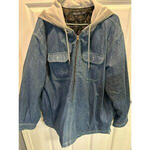 VTG Faded Glory XL Denim Jacket With Gray Hood Quilted Lining Button Cuffs Zip F